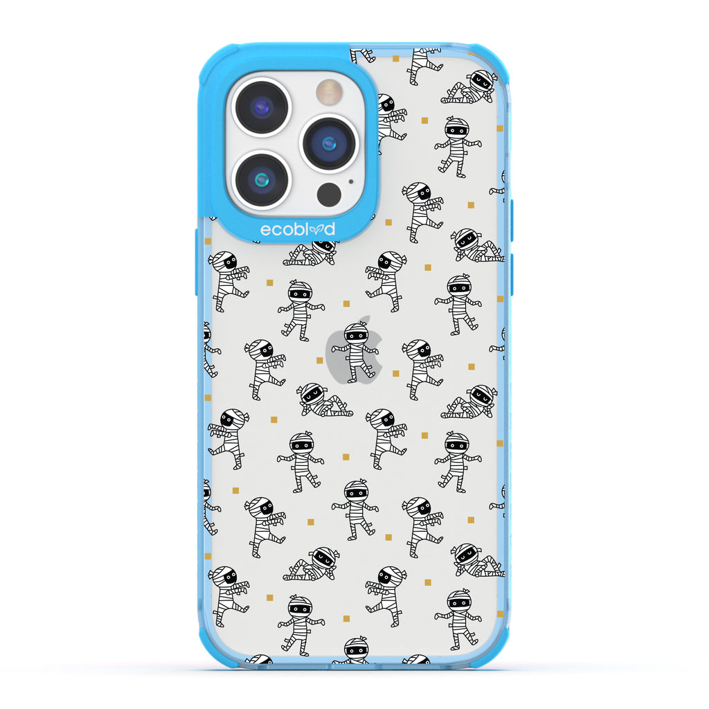 Halloween Collection - Blue Laguna iPhone 14 Pro Case With Cartoon Mummies Walking & Laying On A Clear Back
