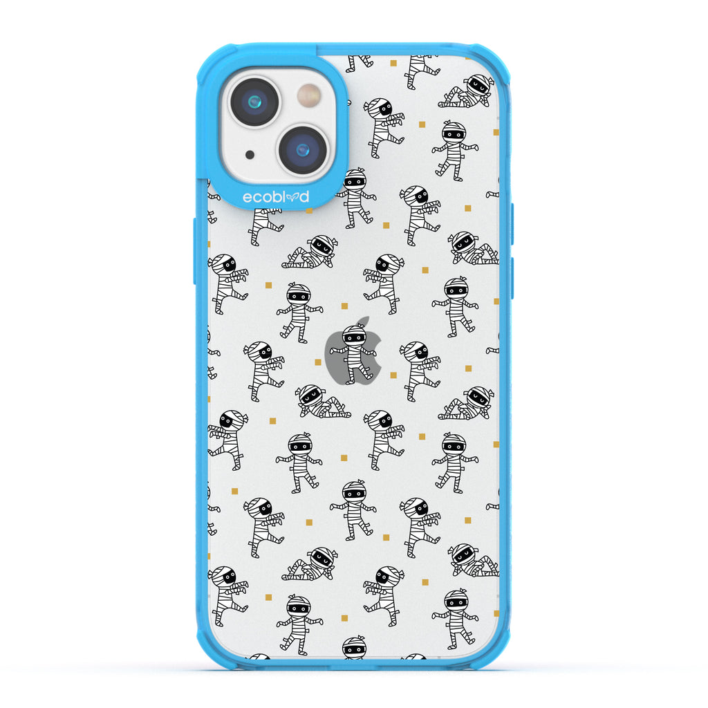 Halloween Collection - Blue Laguna iPhone 14 Case With Cartoon Mummies Walking & Laying On A Clear Back