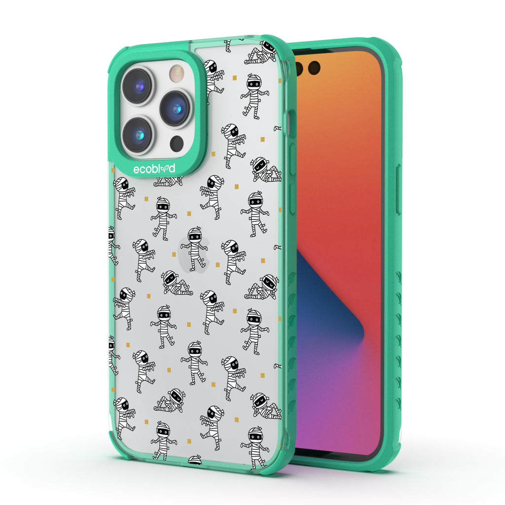 Halloween Collection - Green Laguna iPhone 14 Pro Max Case With Cartoon Mummies Walking & Laying On A Clear Back