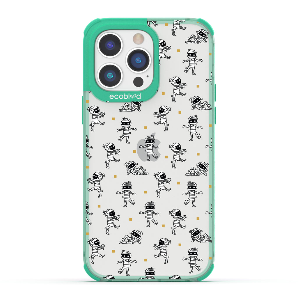 Halloween Collection - Green Laguna iPhone 14 Pro Case With Cartoon Mummies Walking & Laying On A Clear Back