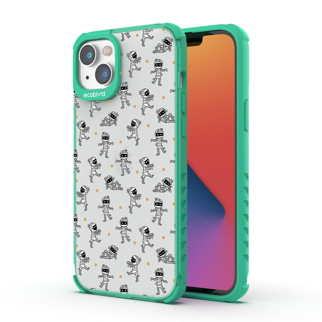 Halloween Collection - Green Laguna iPhone 14 Case With Cartoon Mummies Walking & Laying On A Clear Back