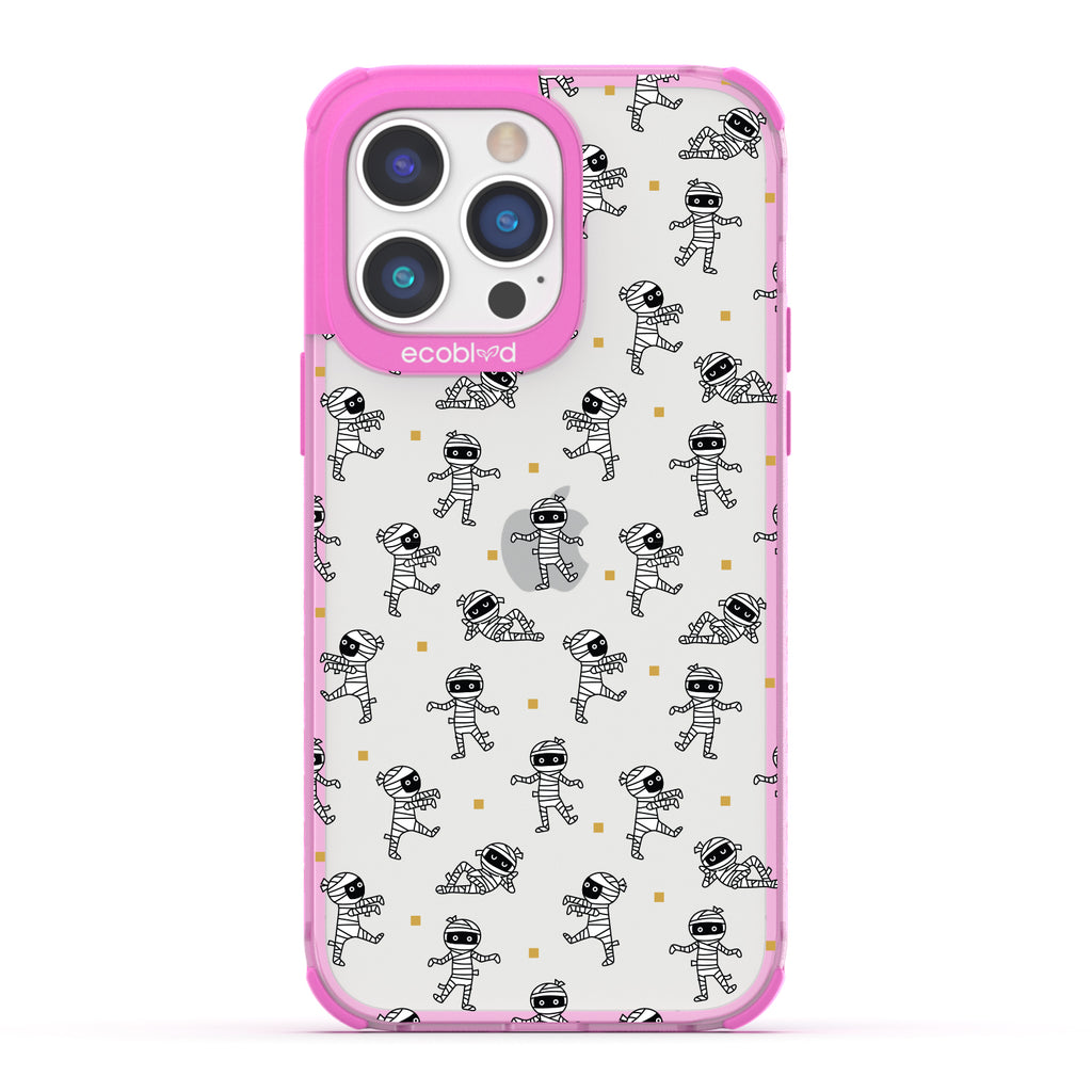 Halloween Collection - Pink Laguna iPhone 14 Pro Case With Cartoon Mummies Walking & Laying On A Clear Back
