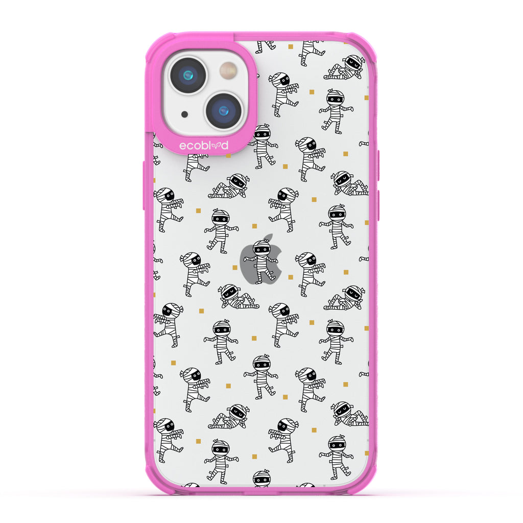 Halloween Collection - Pink Laguna iPhone 14 Case With Cartoon Mummies Walking & Laying On A Clear Back