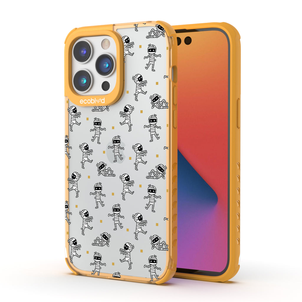 Back View Of The Yellow Laguna Halloween iPhone 14 Pro Max Case With The Mummy Mash Design & Front View Of The Screen