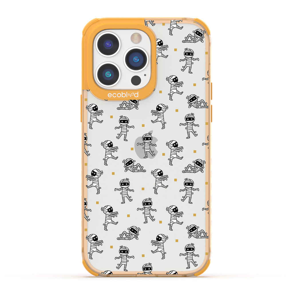 Halloween Collection - Yellow Laguna iPhone 14 Pro Case With Cartoon Mummies Walking & Laying On A Clear Back