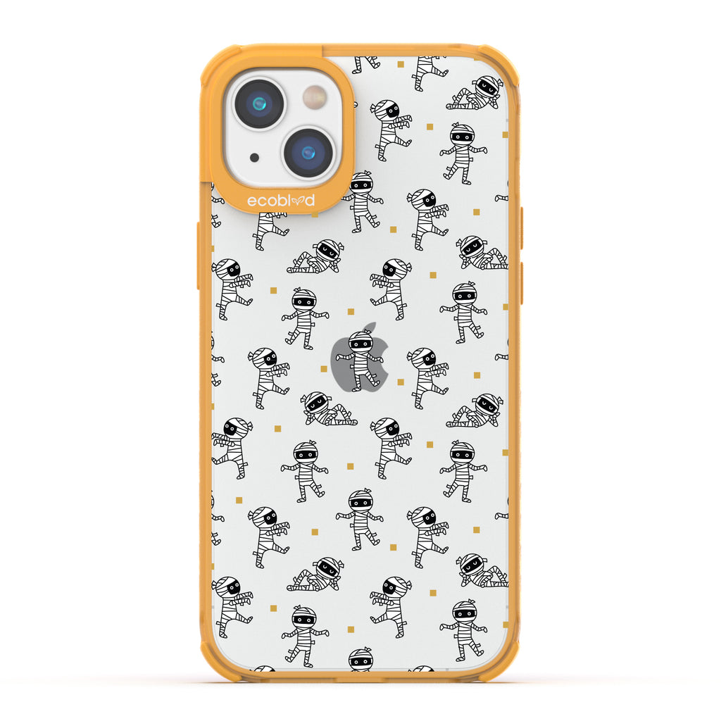 Halloween Collection - Yellow Laguna iPhone 14 Case With Cartoon Mummies Walking & Laying On A Clear Back