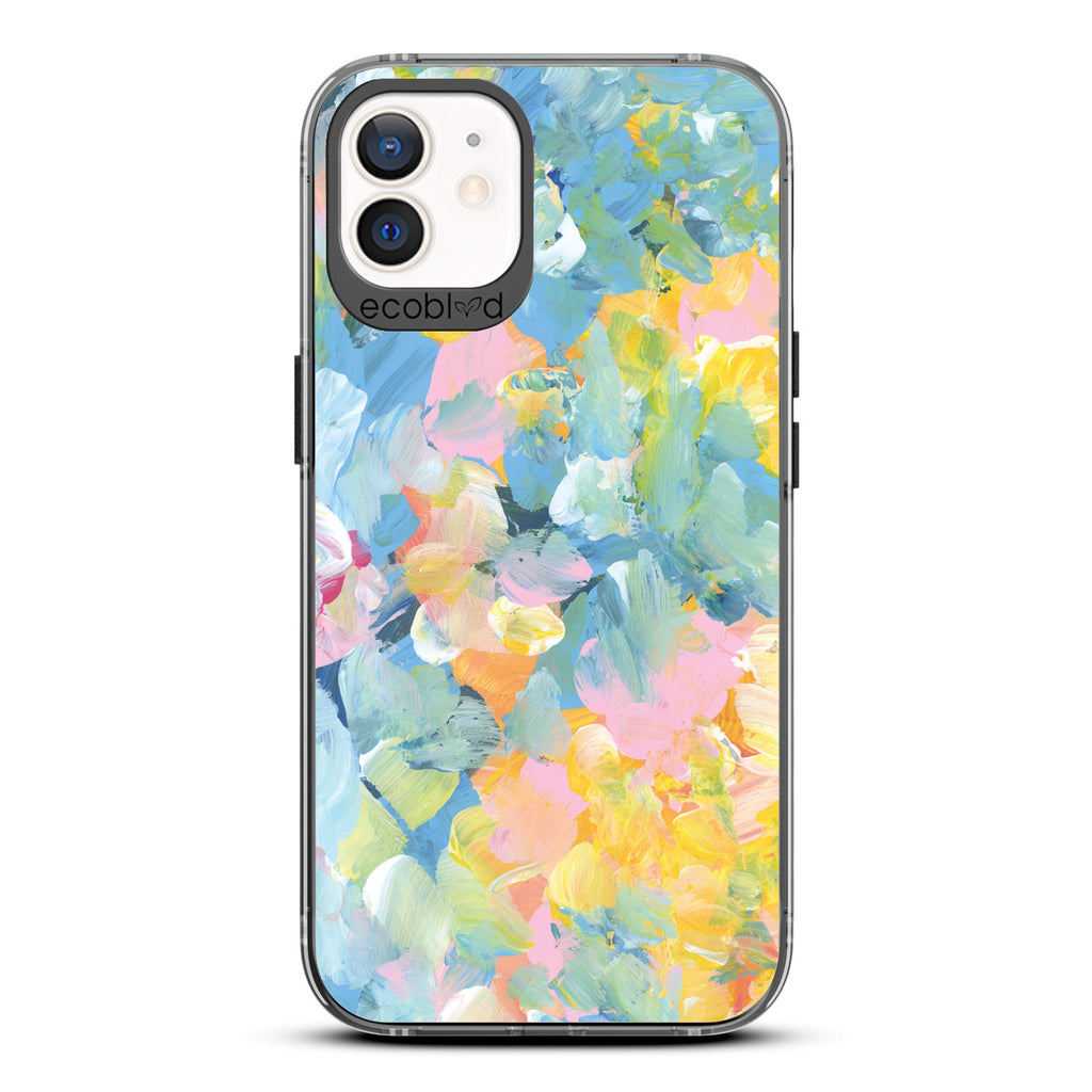 Spring Collection - Black Compostable iPhone 12/12 Pro Case - Pastel Acrylic Abstract Paint Smears & Blots On A Clear Back