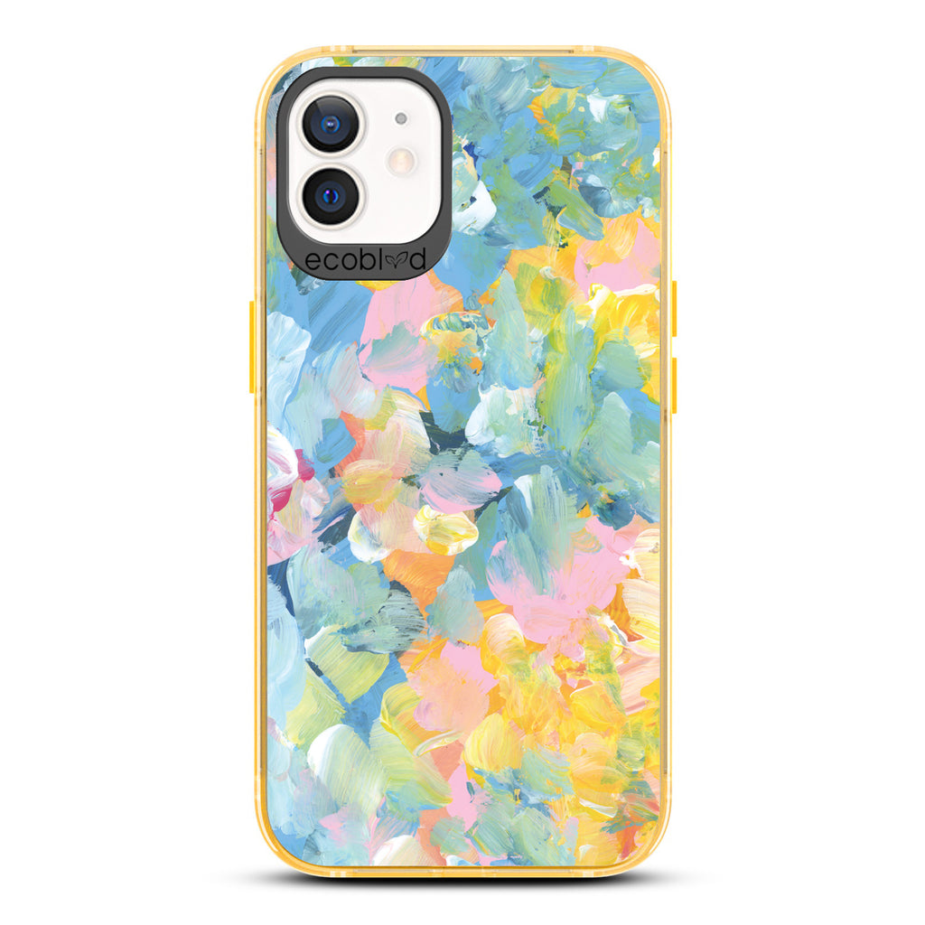 Spring Collection - Yellow Compostable iPhone 12/12 Pro Case - Pastel Acrylic Abstract Paint Smears & Blots On A Clear Back