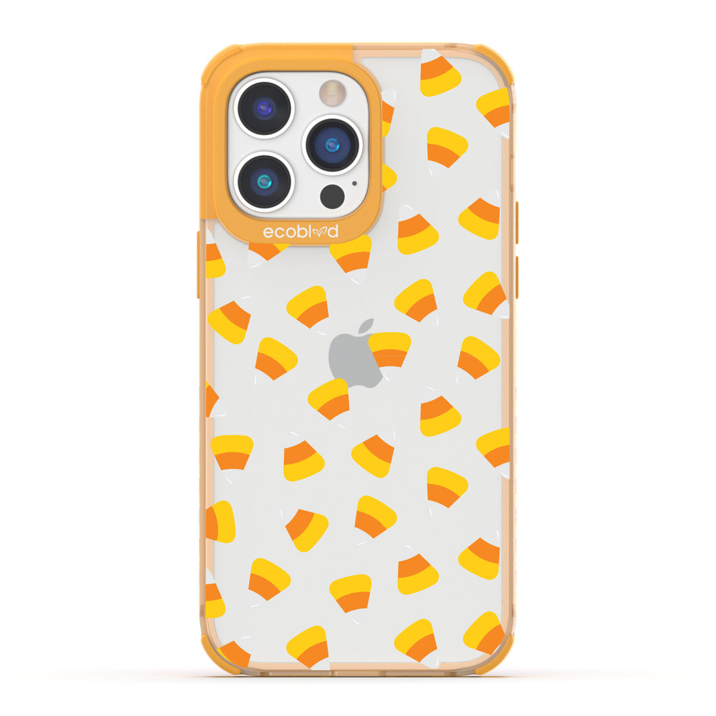 Halloween Collection - Yellow Eco-Friendly Laguna iPhone 14 Pro Case With Candy Corn On A Clear Back - Compostable