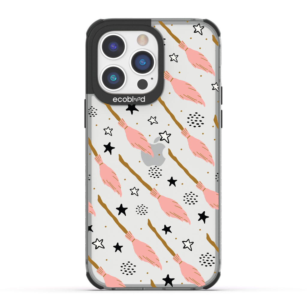 Halloween Collection - Black Eco-Friendly Laguna iPhone 14 Pro Case With Pink Witch's Brooms And Stars On A Clear Back 