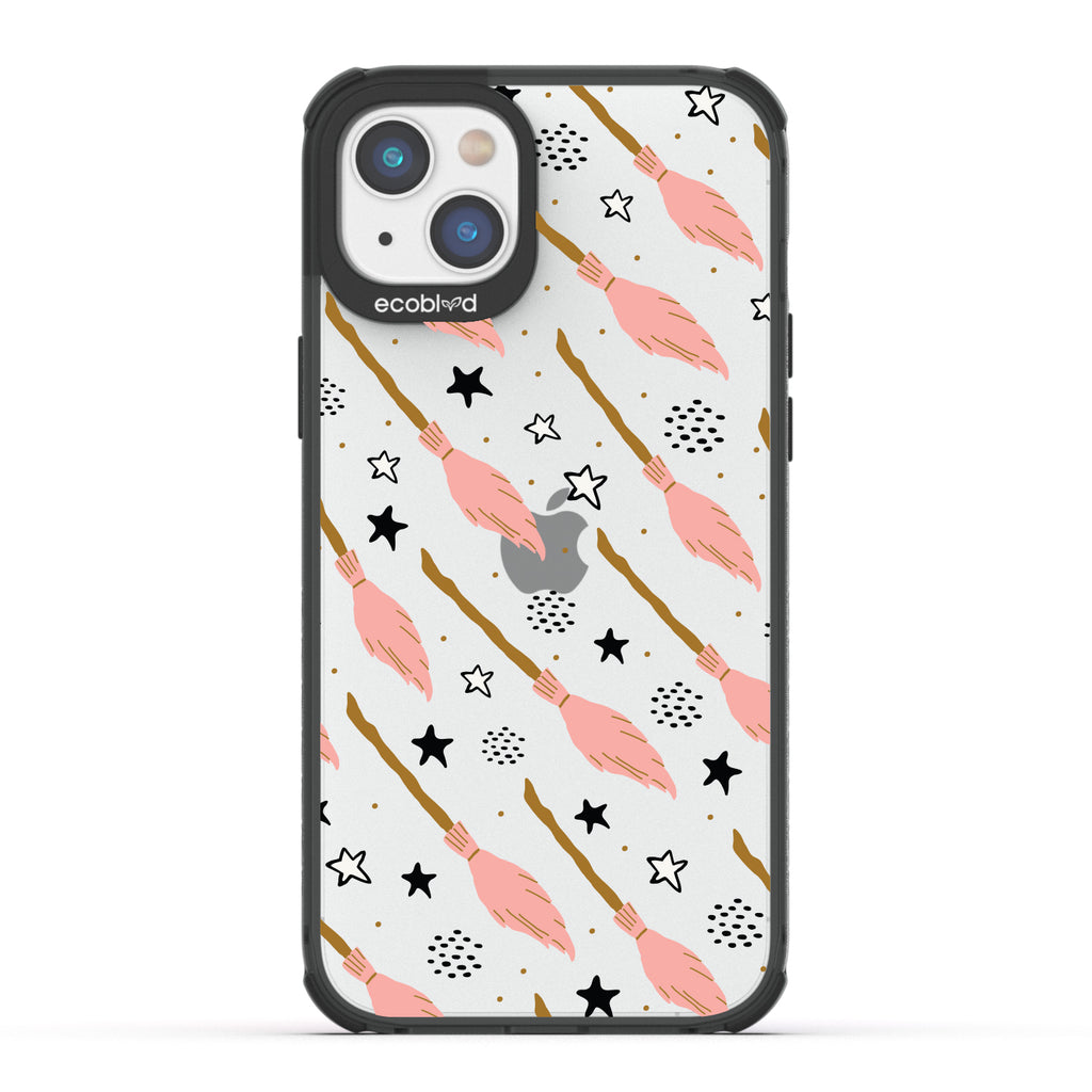 Halloween Collection - Black Eco-Friendly Laguna iPhone 14 Case With Pink Witch's Brooms And Stars On A Clear Back 