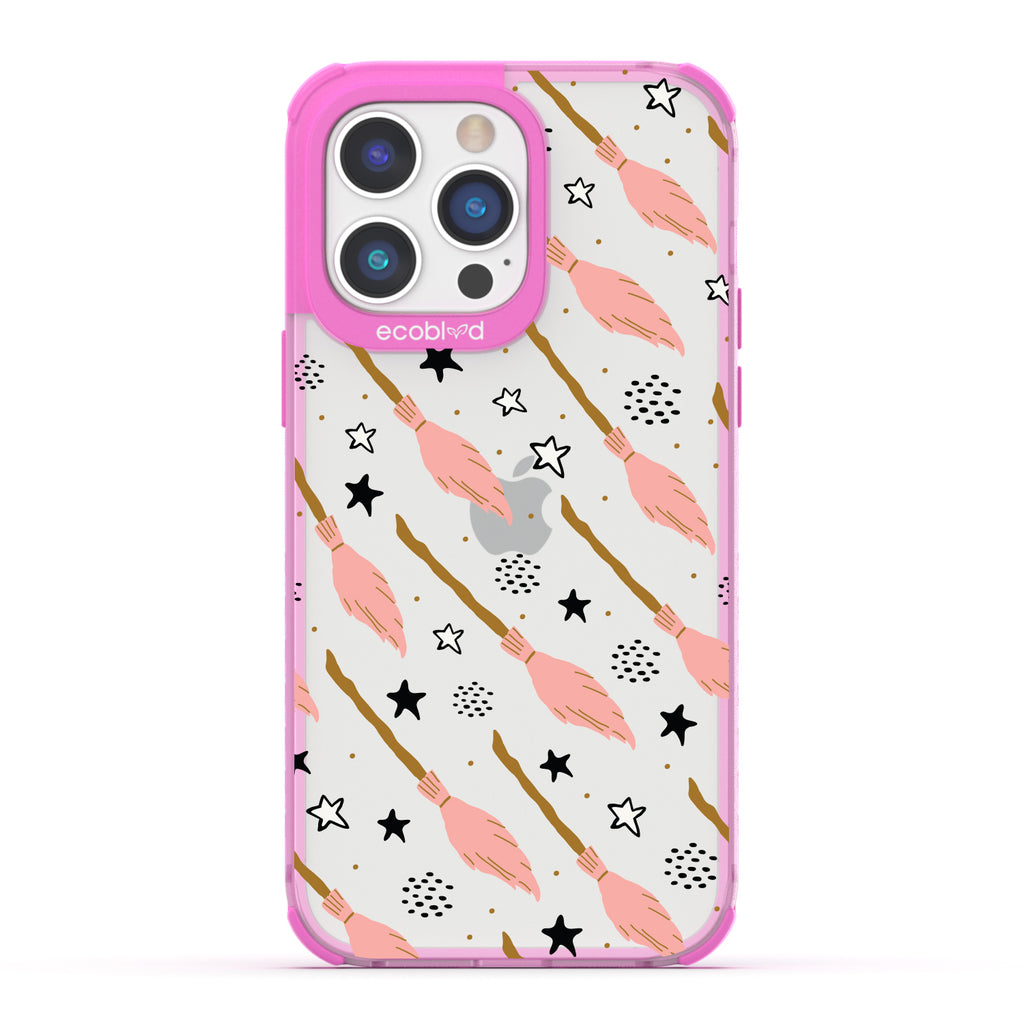 Halloween Collection - Pink Eco-Friendly Laguna iPhone 14 Pro Case With Pink Witch's Brooms And Stars On A Clear Back 