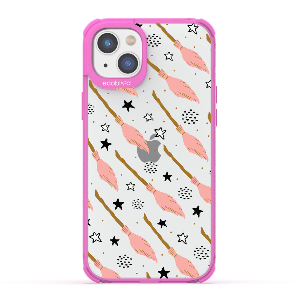 Halloween Collection - Pink Eco-Friendly Laguna iPhone 14 Case With Pink Witch's Brooms And Stars On A Clear Back 