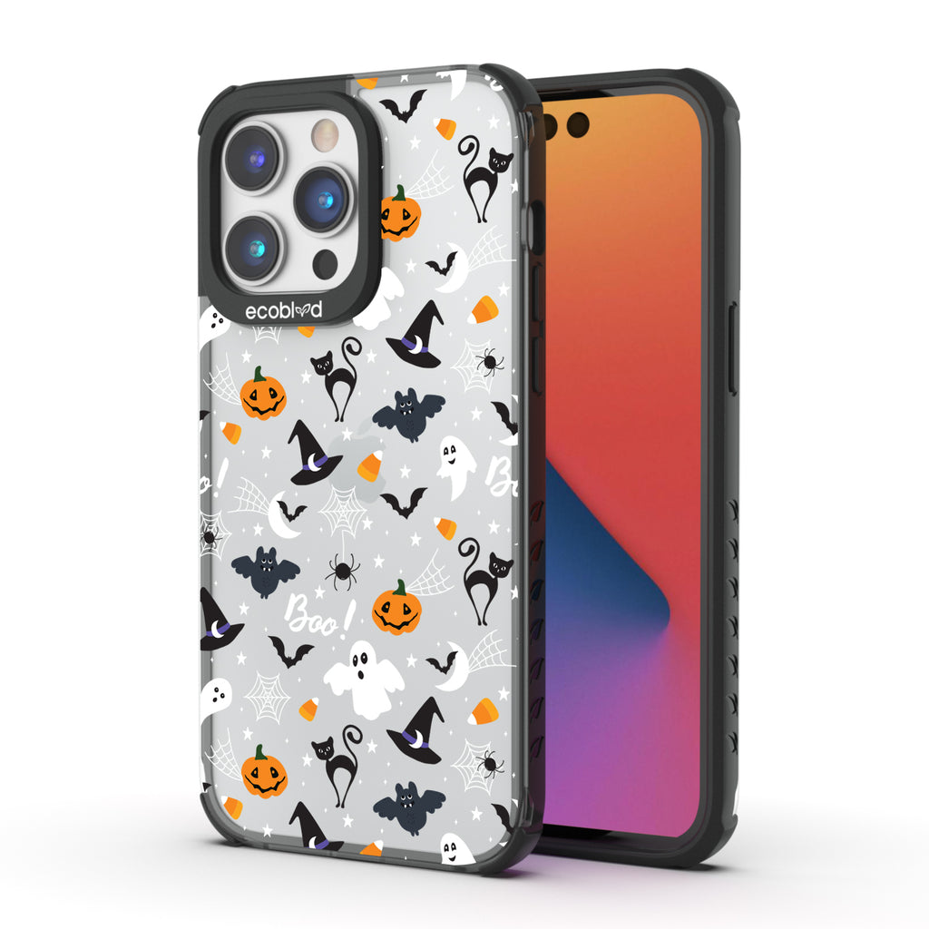 Back View Of Black Laguna Halloween iPhone 14 Plus Case With The Trick R' Treat Ya Self Design & Front View Of The Screen