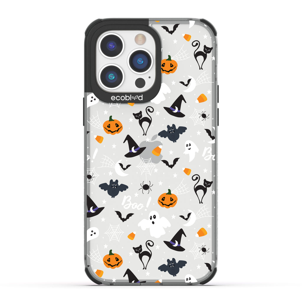 Halloween Collection - Black Laguna iPhone 14 Plus Case With Spiders, Ghosts & Other Spooky Characters On A Clear Back 