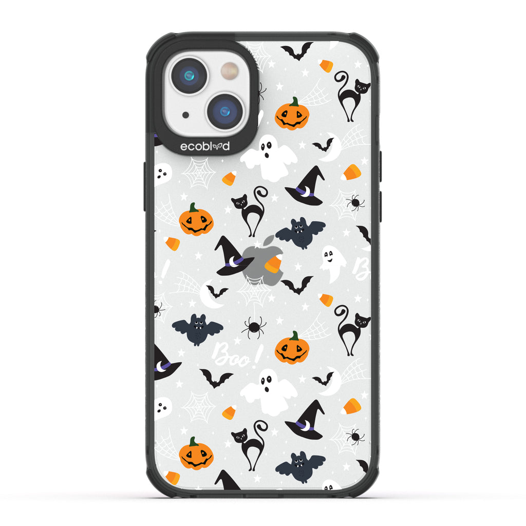 Halloween Collection - Black Laguna iPhone 14 Case With Spiders, Ghosts & Other Spooky Characters On A Clear Back 