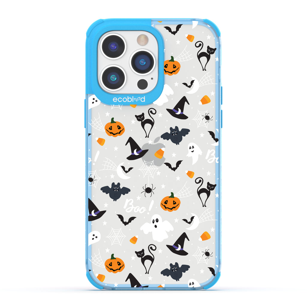 Halloween Collection - Blue Laguna iPhone 14 Plus Case With Spiders, Ghosts & Other Spooky Characters On A Clear Back 