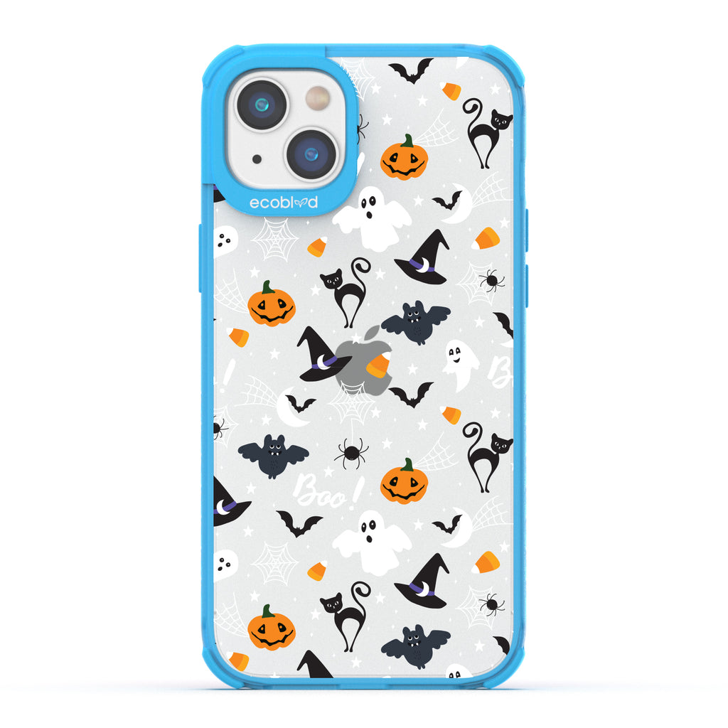 Halloween Collection - Blue Laguna iPhone 14 Case With Spiders, Ghosts & Other Spooky Characters On A Clear Back 