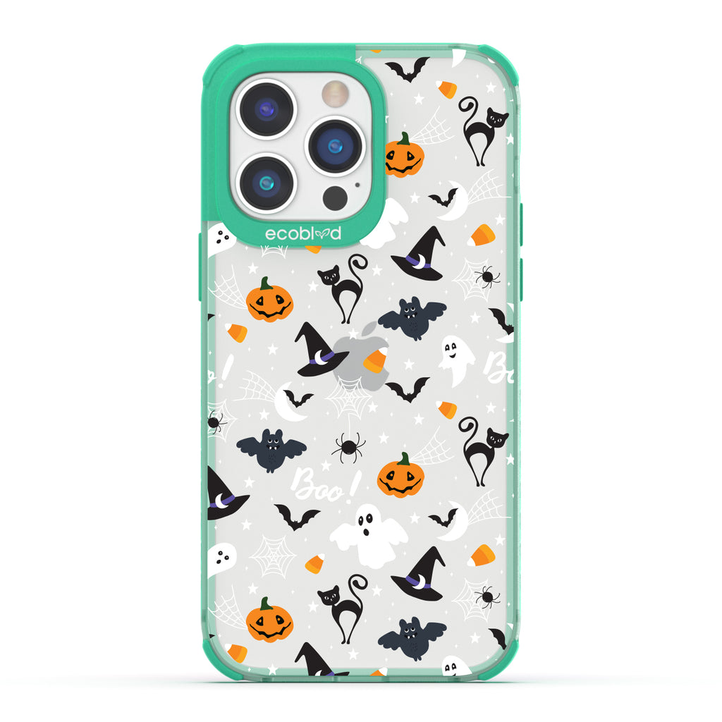 Halloween Collection - Green Laguna iPhone 14 Plus Case With Spiders, Ghosts & Other Spooky Characters On A Clear Back 