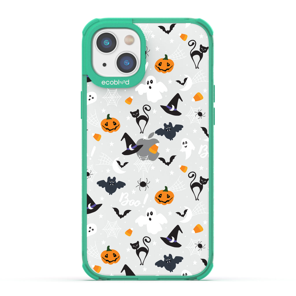 Halloween Collection - Green Laguna iPhone 14 Case With Spiders, Ghosts & Other Spooky Characters On A Clear Back 