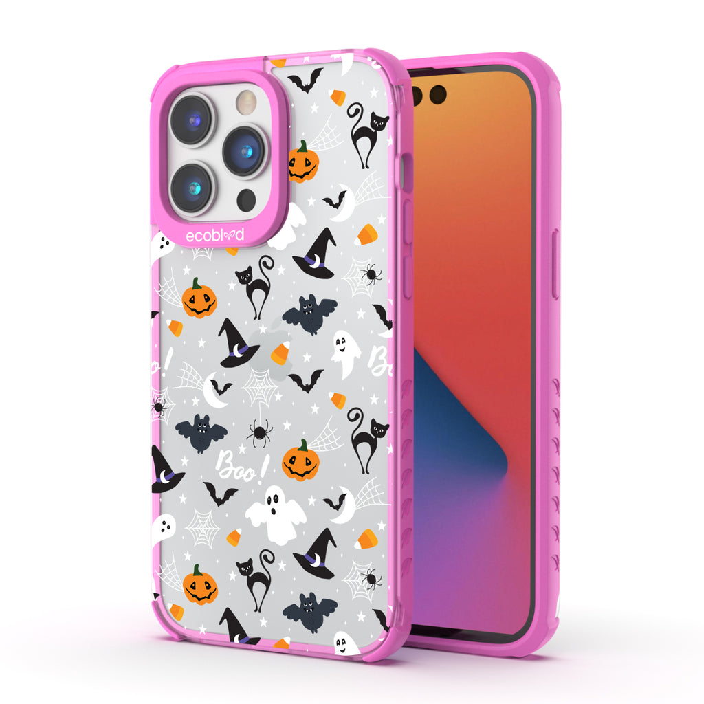Back View Of Pink Laguna Halloween iPhone 14 Plus Case With The Trick R' Treat Ya Self Design & Front View Of The Screen