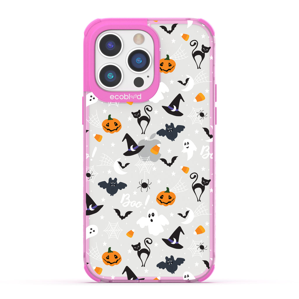Halloween Collection - Pink Laguna iPhone 14 Plus Case With Spiders, Ghosts & Other Spooky Characters On A Clear Back 