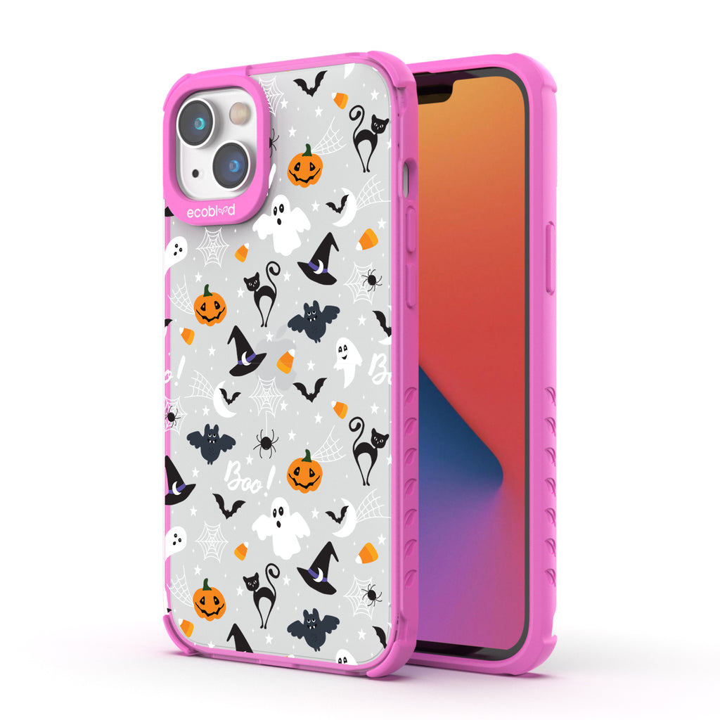 Back View Of Pink Laguna Halloween iPhone 14 Case With The Trick R' Treat Ya Self Design & Front View Of The Screen