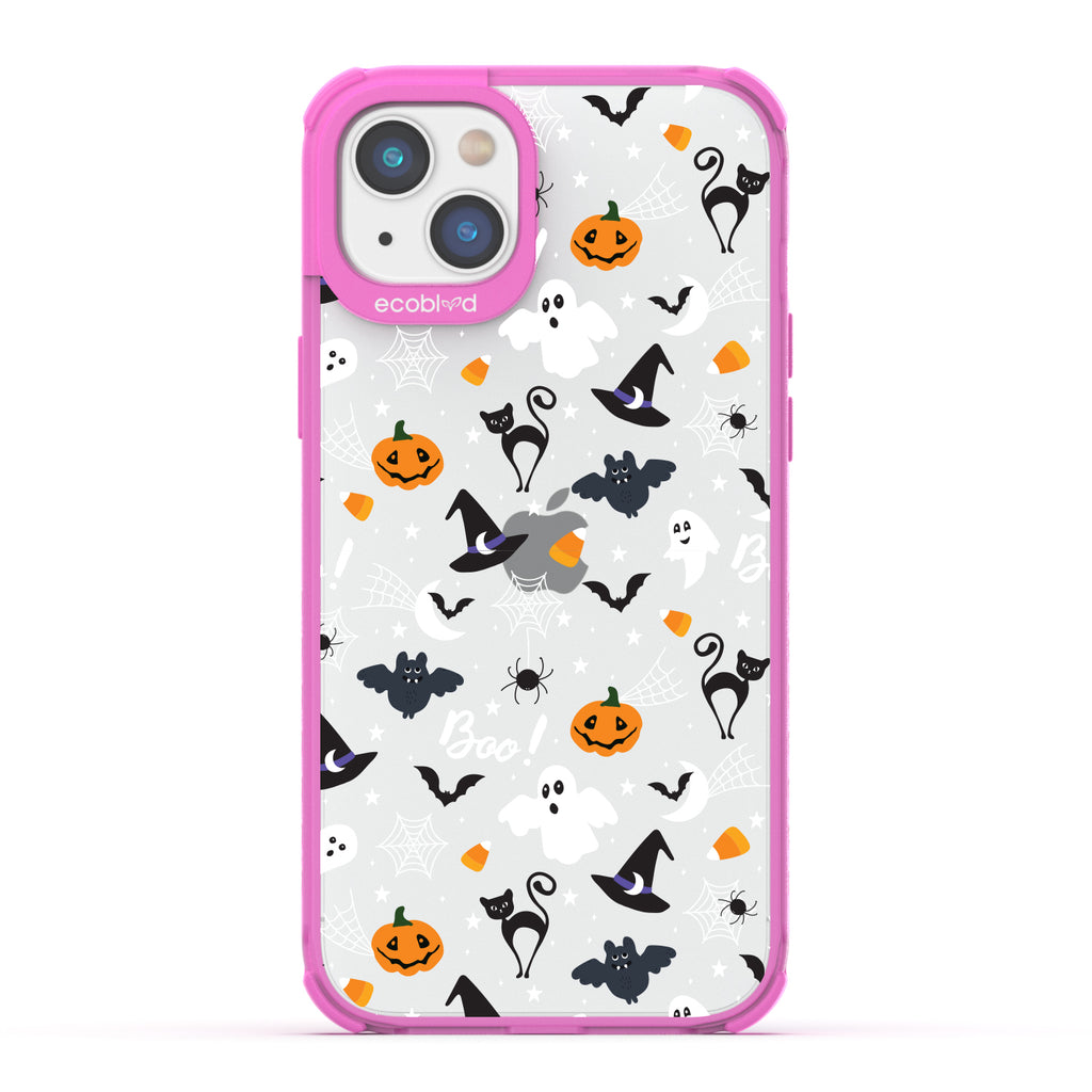Halloween Collection - Pink Laguna iPhone 14 Case With Spiders, Ghosts & Other Spooky Characters On A Clear Back 