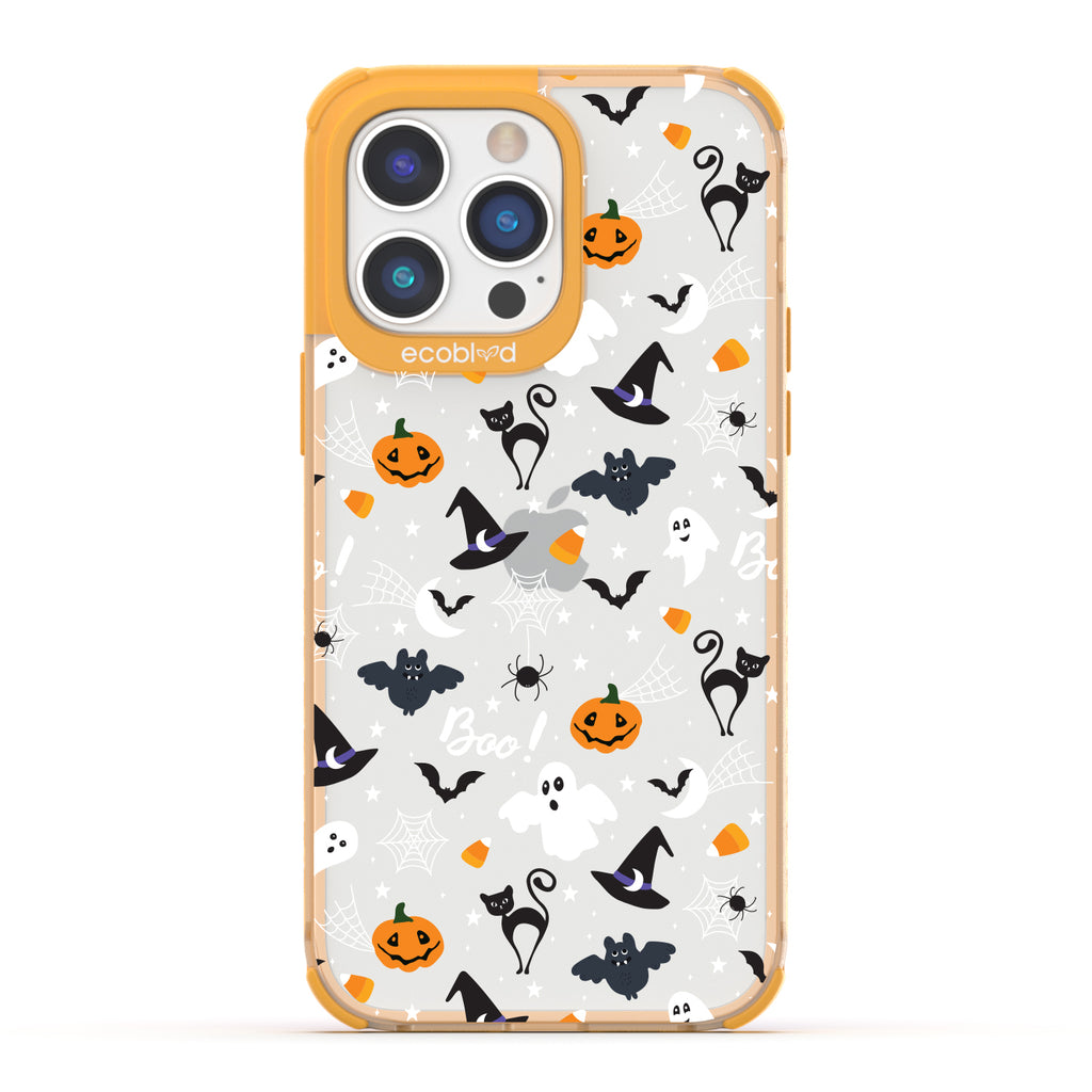Halloween Collection - Yellow Laguna iPhone 14 Plus Case With Spiders, Ghosts & Other Spooky Characters On A Clear Back 