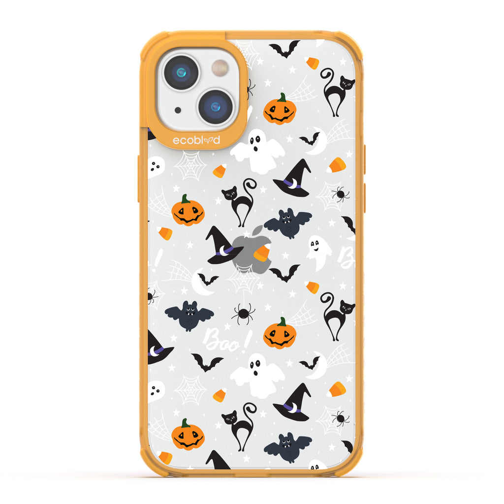 Halloween Collection - Yellow Laguna iPhone 14 Case With Spiders, Ghosts & Other Spooky Characters On A Clear Back 