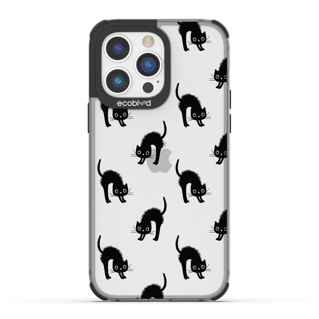 Halloween Collection - Black Laguna iPhone 14 Pro Case With Frightened Black Cats On A Clear Back Back
